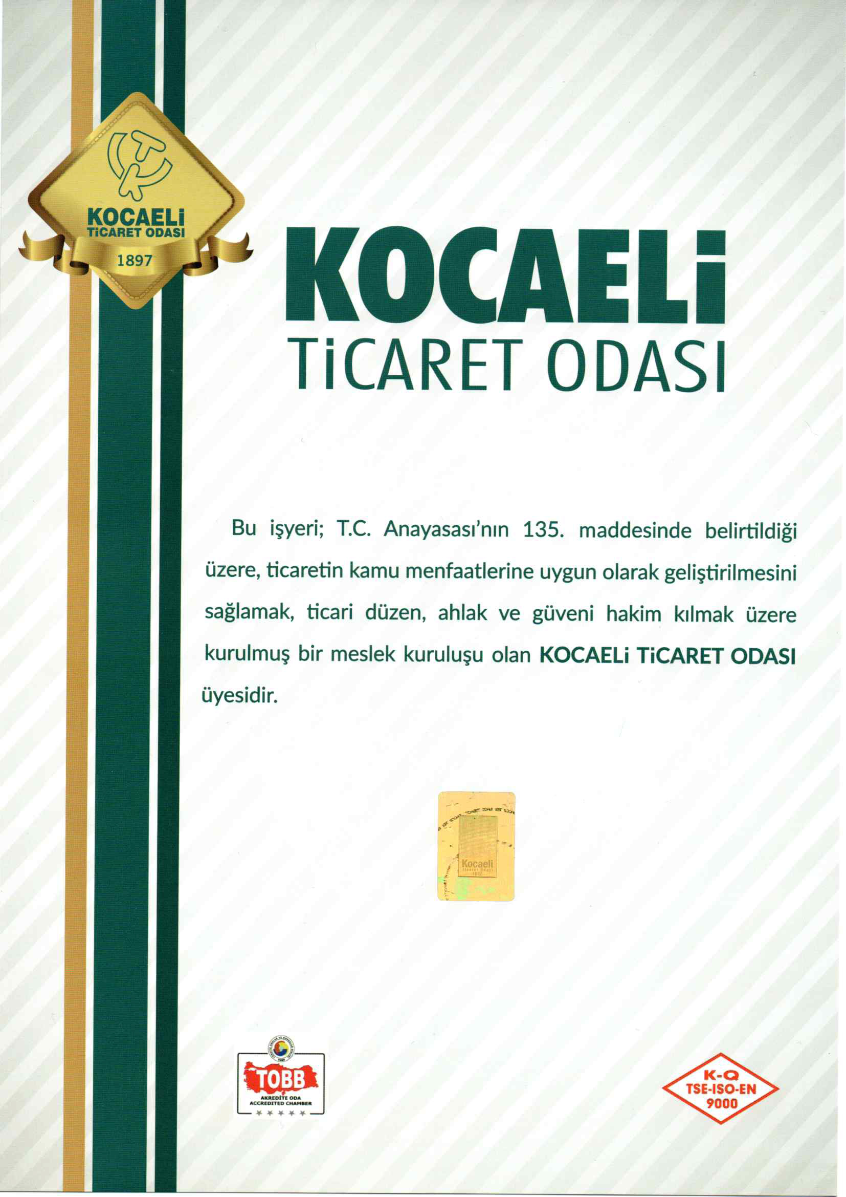 TMMOB Çevre Mühendisleri Odası Büro Tescil Belgesi